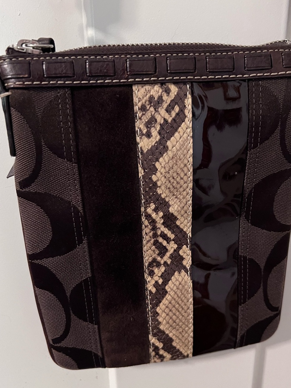 Coach Brown Signature Crossbody with Snake-Print Stripe